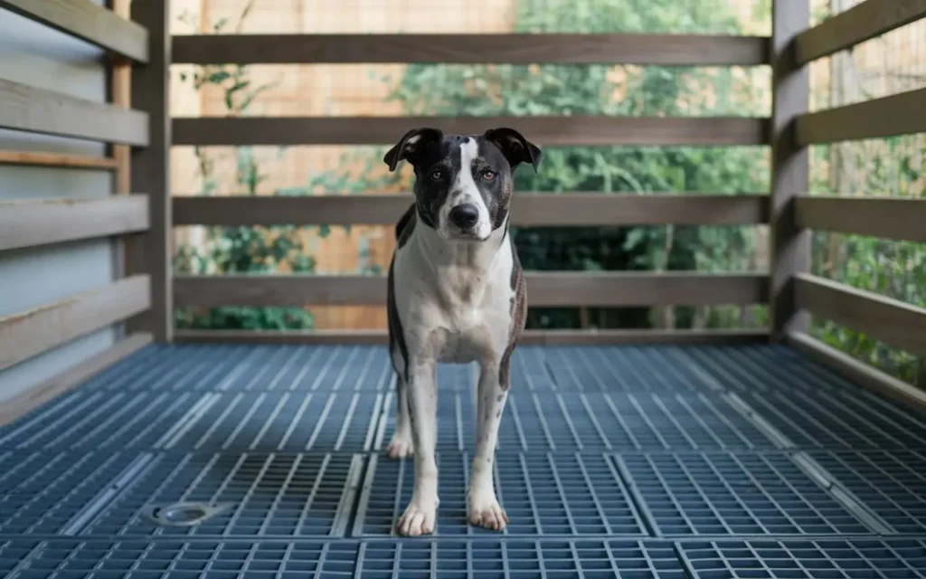 Well-ventilated dog kennel with raised grid tile flooring